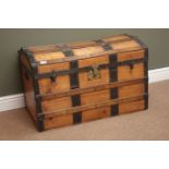 Pine domed top metal bound trunk, hinged lid, W87cm, H55cm,