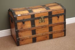 Pine domed top metal bound trunk, hinged lid, W87cm, H55cm,