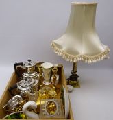 Walker & Hall three-piece silver-plated tea set, pair 19th century brass candlesticks,