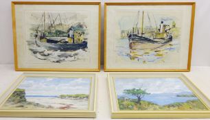 Fishing Boats in the Harbour, three 20th century mixed media's indistinctly signed,