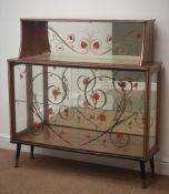 Retro inlaid glazed and mirrored teak cocktail cabinet, floral decoration, splayed, W106cm, H110cm,