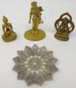 Three small brass Guanyin figures and a silver-plated filigree flower shaped dish (4)