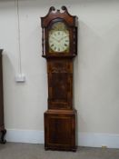 19th century crossbanded mahogany longcase clock with arched painted Roman dial signed Bowes