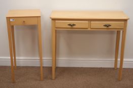 Beech two drawer side table, on tapering supports (W81cm, H74cm,