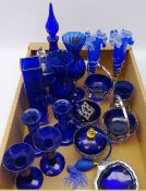 Collection of blue glass including pair Venetian glass vases with frilled rim, bonboniere,