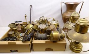 Collection of fireside and metal ware comprising fire irons, three brass wall mounted out lamps,