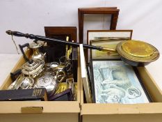 Four piece silver-plated tea set, pair caved wall plaques, flatware, Osprey wallet, framed prints,