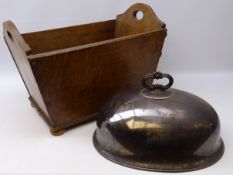 Victorian silver-plated meat dome L46cm and 19th century oak log basket with pierced handles,