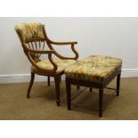 Edwardian inlaid armchair with shaped splat, upholstered cresting rail and seat,