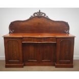 Victorian mahogany chiffonier, arched back with floral carved cresting,