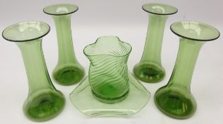 Set of four glass vases and another of pinched form on stand, attributed to Powell, H15.