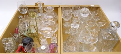 Pair Waterford crystal champagne flutes and decanter, other decanters, glassware, brass easel,