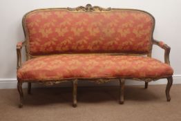 19th century gilt framed serpentine front settee, carved cresting rail, upholstered back,