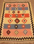 Old Afghan Kelim beige ground rug, geometric pattern, repeating border,