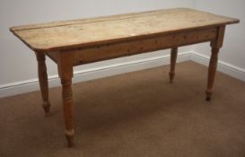 Victorian rectangular pine kitchen table, turned supports, 178cm x 72cm,