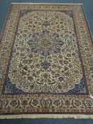 Fine Nain beige and blue ground rug, central medallion on floral field, repeating border,