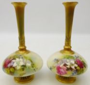Pair Royal Worcester blush ivory bottle vases painted with floral sprays c1912,