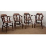 Set four 19th century captains chairs, pierced fiddle spat back, turned supports and stretchers,