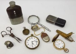Vesta case in the form of a hip flask, two hip flasks, gold plated pocket watch, 8 Day pocket watch,
