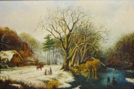 Winter Rural Scene, with Figures on the Frozen Lake,