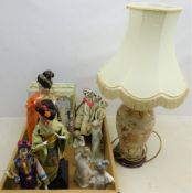 Three Nao figures, another similar, three Geisha doll models on stands, Japanese table lamp,