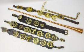 19th century and later horse brasses on leather straps, one stamped Daglish Crook Maker,