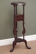 Reproduction mahogany jardiniere stand, shaped supports, two drawers, splayed feet, D29cm,