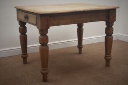 Victorian pine table, turned supports, 100cm x 85cm,