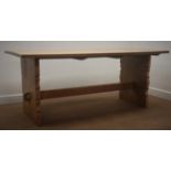 Light oak refectory style dining table, shaped solid end supports joined by single stretcher,