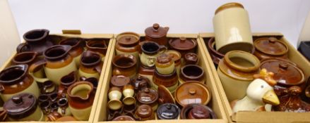Large collection of stoneware kitchenalia including a dolls miniature tea set, hen egg holders,