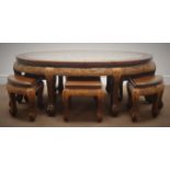 Chinese carved rosewood oval table, inset glass top (W127cm, H48cm,