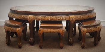 Chinese carved rosewood oval table, inset glass top (W127cm, H48cm,