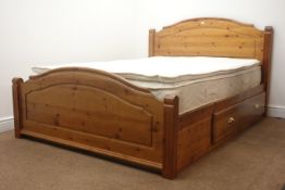 Pine 4'6" double bed with drawers and mattress, W149cm, H110cm,