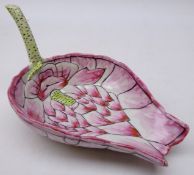 20th century Chinese nose drinking cup in the form of a lotus flower with green stem tube painted
