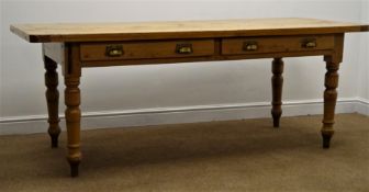 Large rectangular solid pine country kitchen table, two drawers, turned supports, W202cm, H76cm,