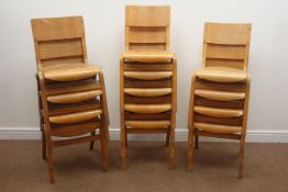 Set fourteen mid to late 20th century beech laminated stacking chairs,