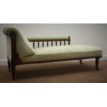 Edwardian walnut framed chaise longue, upholstered in lime velvet, turned supports (W68cm, H80cm,