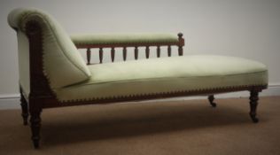 Edwardian walnut framed chaise longue, upholstered in lime velvet, turned supports (W68cm, H80cm,