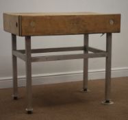 Solid beech butchers block on industrial style supports, W93cm, H85cm,