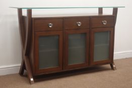 Modern oak finish console sideboard with bevelled glass top, three drawers and cupboards, W150cm,