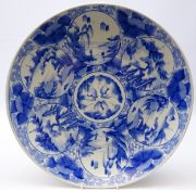 Japanese blue and white charger decorated with seven circular panels each depicting a landscape