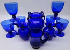 Four handled Bristol Blue glass vase, H16cm and other Bristol blue glass including two jugs,