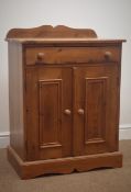 Pine side cabinet, raised back, single drawer, two cupboard doors, shaped plinth base, W66cm, H90cm,