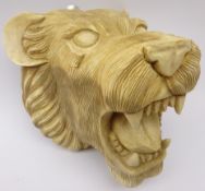Carved hardwood wall mounted lion head,