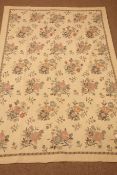 Old Kashmiri hand stitched wool chain beige ground rug, floral field, repeating border,