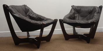 Pair Jensen style leather chairs, stained beech frame,