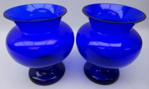 Pair large Bristol blue glass baluster shaped vases with flared rim,