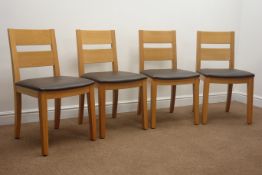 Set four modern oak ladder back dining chairs, upholstered seat, square tapering supports,