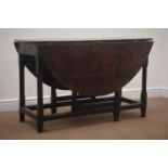 19th century oval oak gate leg table, square chamfered supports joined by stretchers,