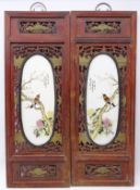 Pair of Chinese painted porcelain panels of autumn flowers and birds,